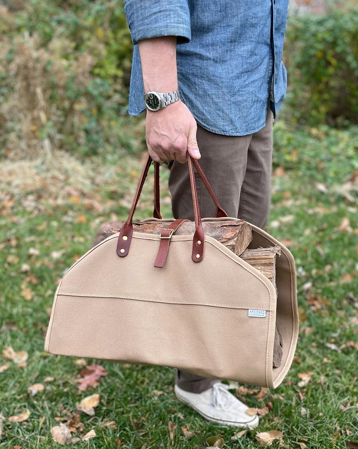 Log Carrier in Heavy Canvas & Leather - Image 3